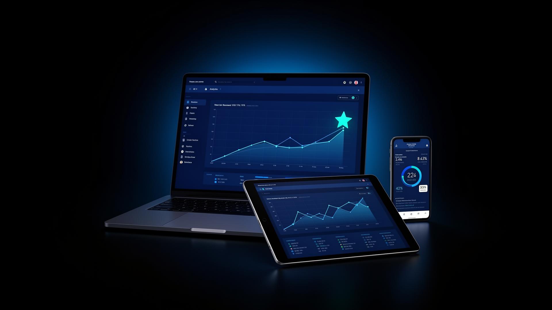 Laptop, tablet and phone showing analytics dashboards